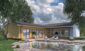 Grande maison en forme de L avec plein d'espace de rangement.